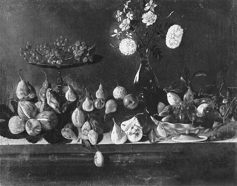 Anonimo — Autore non indicato - sec. XVII - Natura morta con fichi, pere, mele, prugne e vaso di fiori — insieme